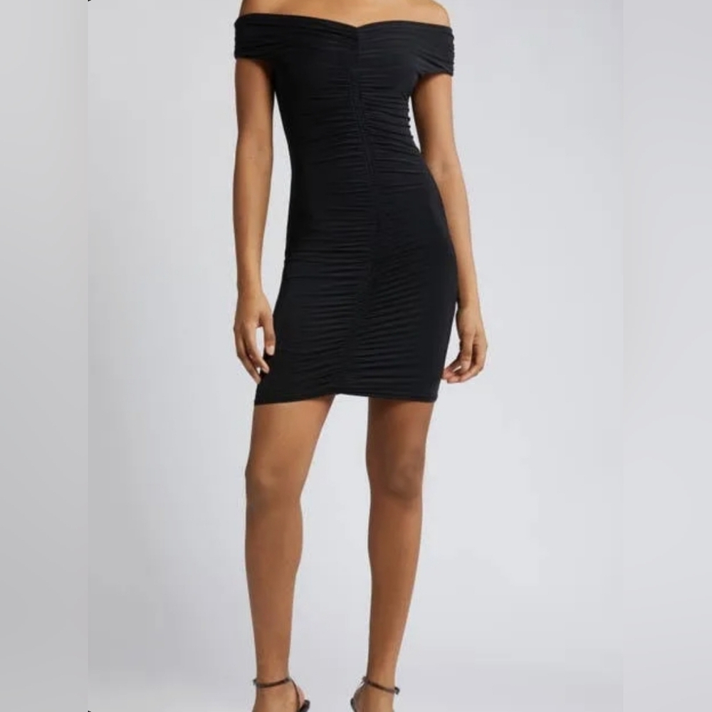 nwot Topshop black off the shoulder ruched mini dress size 2